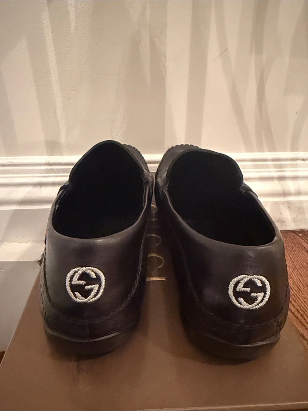 Authentic Gucci Black Embossed GG Leather Penny Loafers size 8 1/2